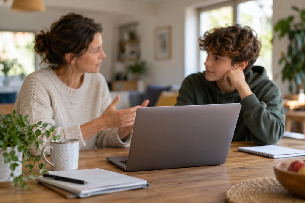 Conversazione rispettosa fra adulto e adolescente davanti a un dispositivo con schermo neutro.
