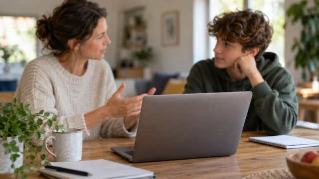 Conversazione rispettosa fra adulto e adolescente davanti a un dispositivo con schermo neutro.