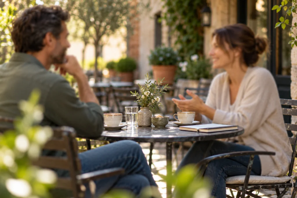 Due adulti conversano con calma a un tavolino all’aperto senza bambini riconoscibili.