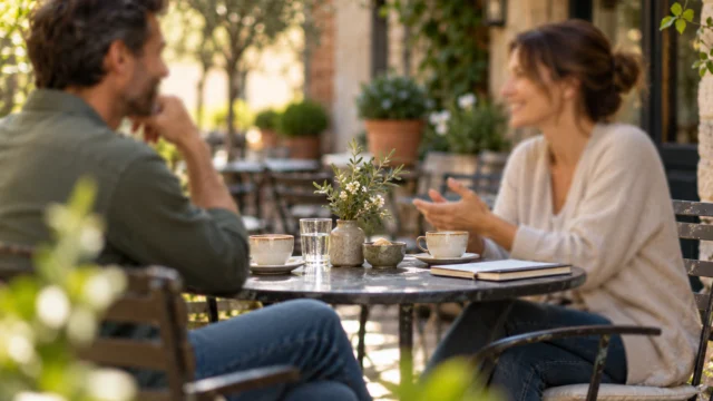 Due adulti conversano con calma a un tavolino all’aperto senza bambini riconoscibili.