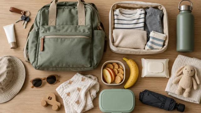 Borsa familiare ordinata con pochi gruppi di oggetti e ricambio separato.