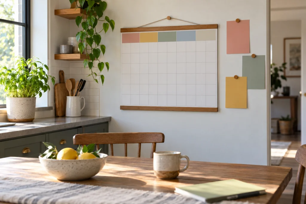 Calendario familiare con poche carte neutre e spazio per modifiche, senza nomi dei bambini.