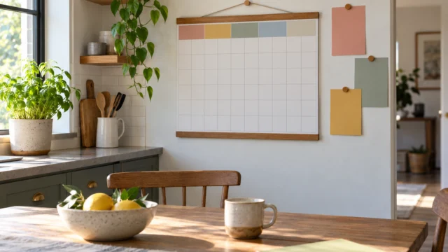 Calendario familiare con poche carte neutre e spazio per modifiche, senza nomi dei bambini.
