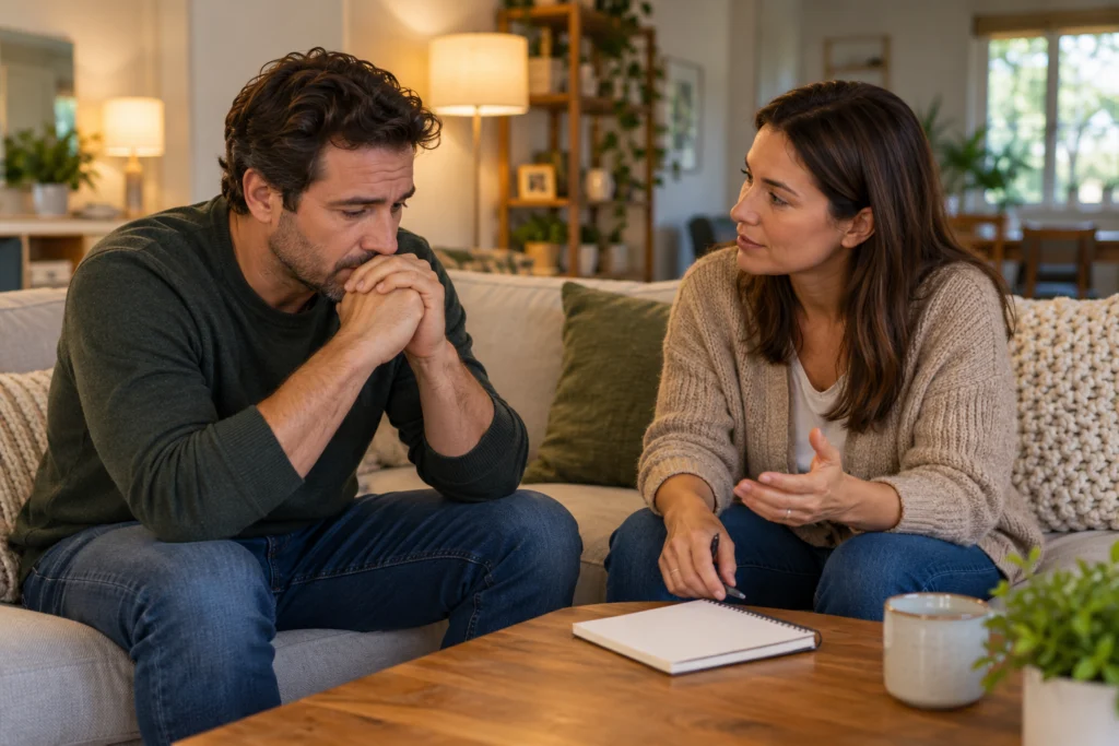 Spazio tranquillo per un colloquio fra adulti con oggetti familiari sullo sfondo senza simboli di gioco.