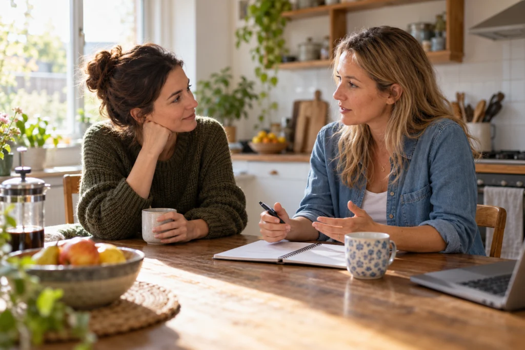 Due donne adulte condividono un momento di confronto in cucina