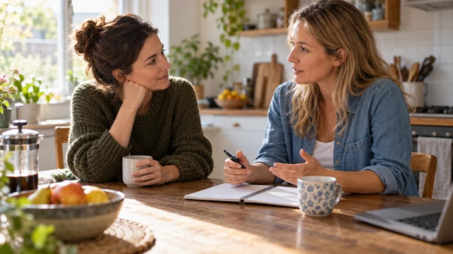 Due donne adulte condividono un momento di confronto in cucina