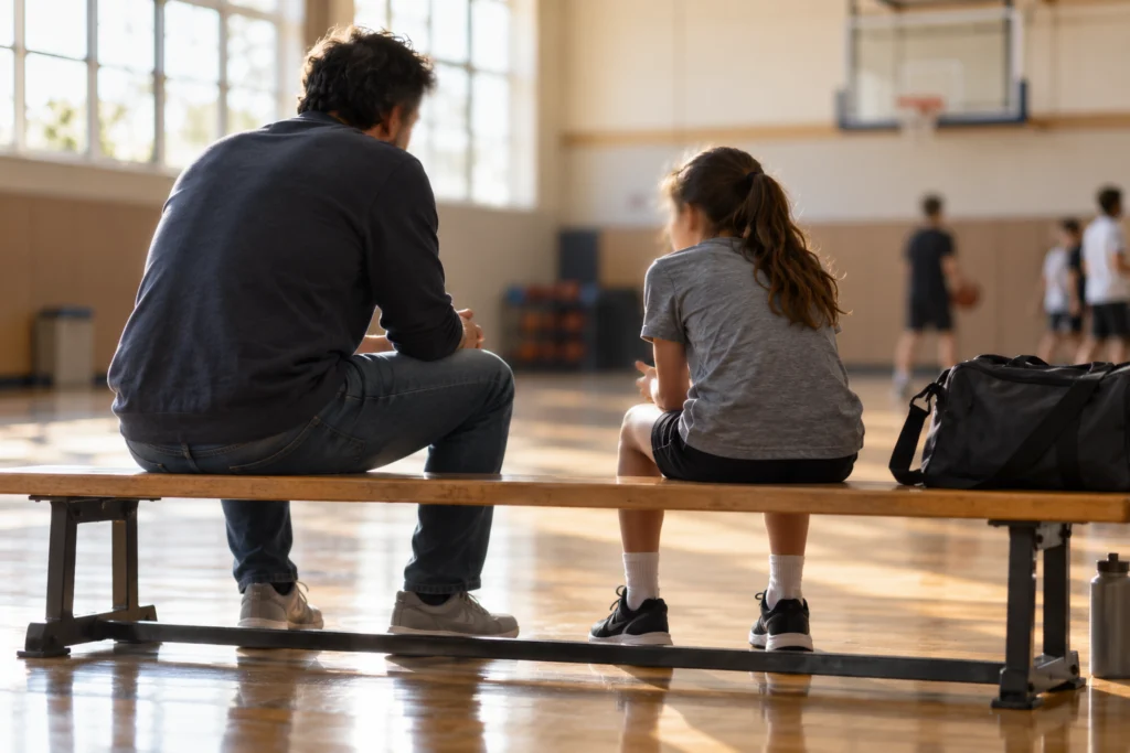 Genitore e figlio seduti con calma vicino a una borsa sportiva senza scene di gara o pianto enfatizzato.