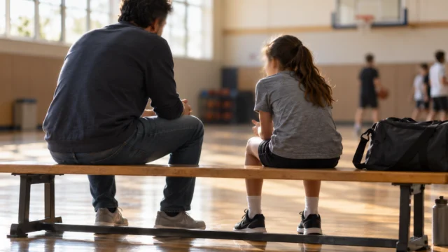 Genitore e figlio seduti con calma vicino a una borsa sportiva senza scene di gara o pianto enfatizzato.