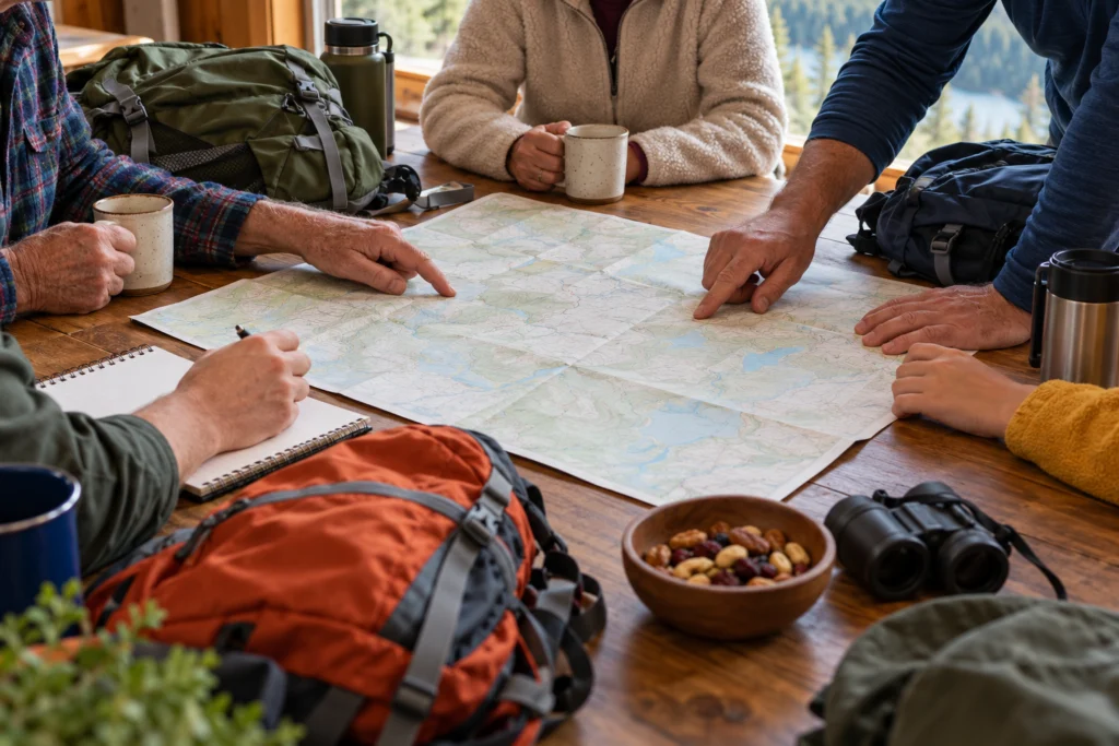 Preparazione di una gita fra generazioni con poche borse e una mappa neutra sul tavolo.