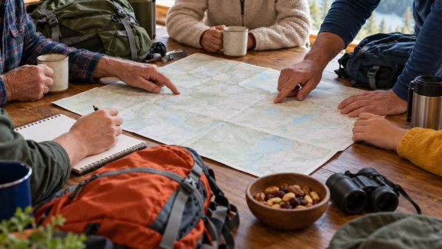 Preparazione di una gita fra generazioni con poche borse e una mappa neutra sul tavolo.
