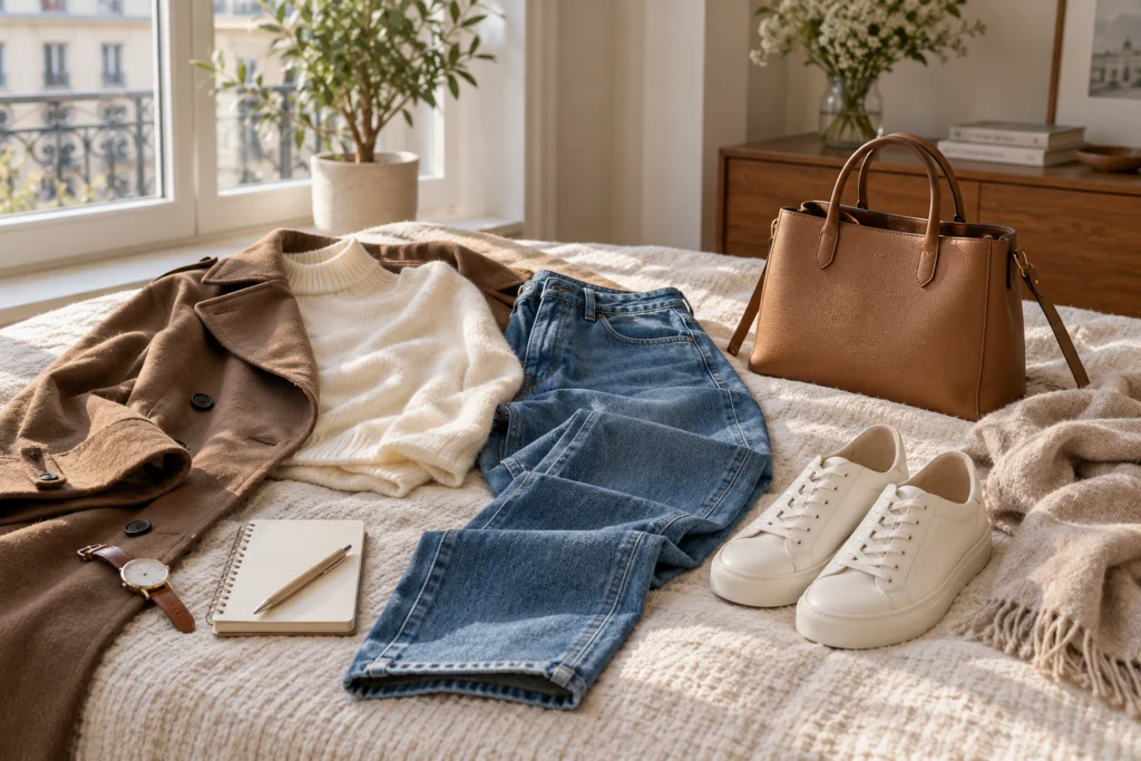 Abbigliamento quotidiano semplice, scarpe comode e una borsa per una giornata fra ufficio e parco.