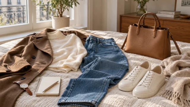 Abbigliamento quotidiano semplice, scarpe comode e una borsa per una giornata fra ufficio e parco.