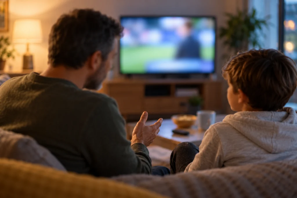 Conversazione familiare su una pubblicità televisiva astratta senza quote o marchi.