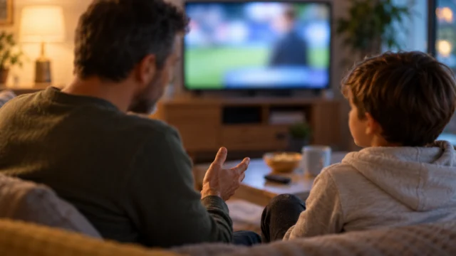 Conversazione familiare su una pubblicità televisiva astratta senza quote o marchi.