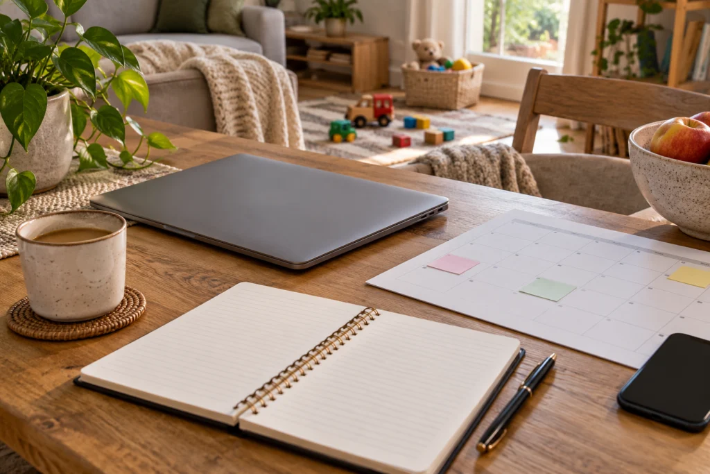 Preparazione del rientro al lavoro con laptop chiuso, agenda e calendario domestico neutro.