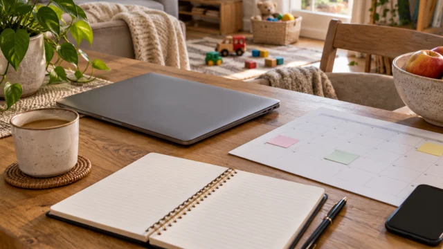 Preparazione del rientro al lavoro con laptop chiuso, agenda e calendario domestico neutro.