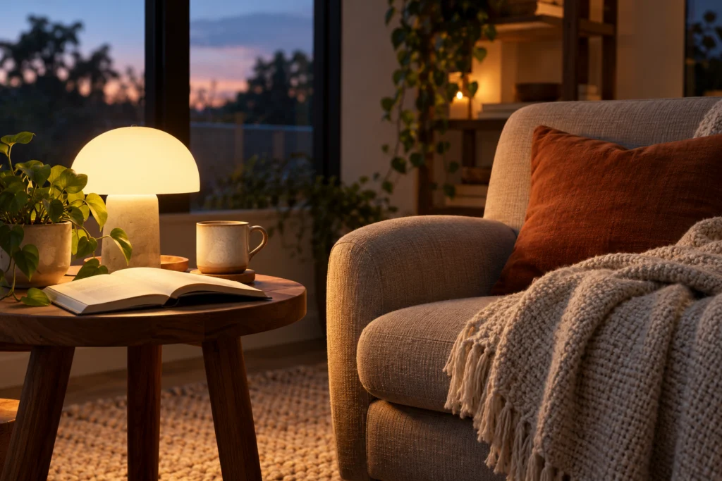 Angolo serale semplice con libro, luce morbida e tavolo non sovraccarico.