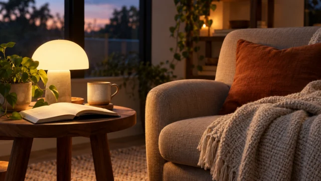 Angolo serale semplice con libro, luce morbida e tavolo non sovraccarico.