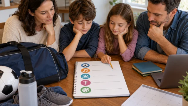 Budget di un’attività extrascolastica su un quaderno senza importi e borsa sportiva neutra.