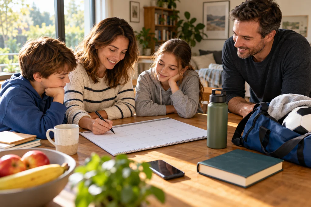 Calendario familiare semplice e una borsa personale su un tavolo di casa.