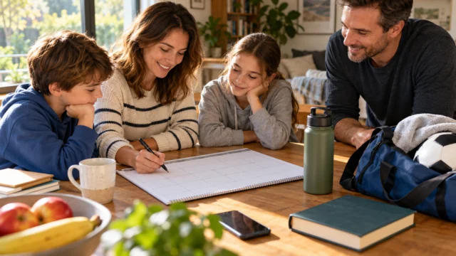 Calendario familiare semplice e una borsa personale su un tavolo di casa.