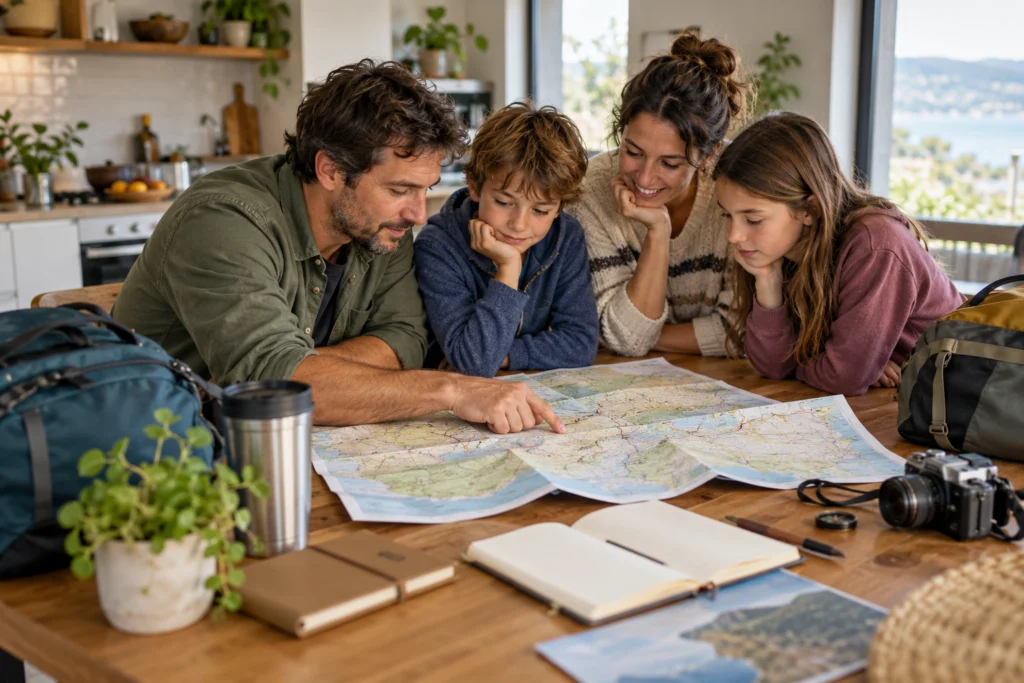 Una famiglia organizza un itinerario flessibile attorno a un tavolo