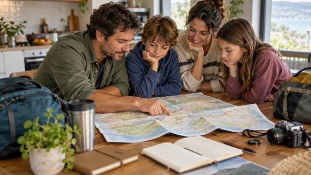 Una famiglia organizza un itinerario flessibile attorno a un tavolo