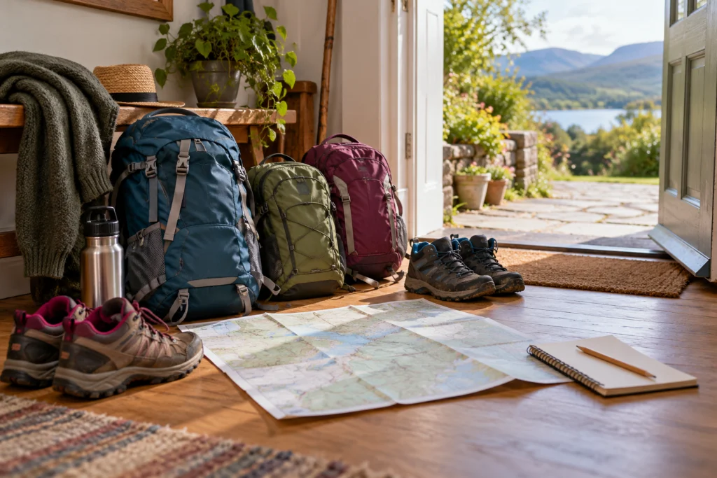Borse leggere per una passeggiata familiare e una mappa semplice senza itinerari leggibili.
