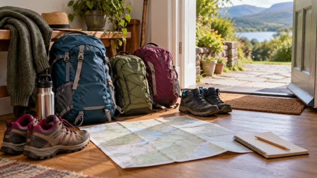 Borse leggere per una passeggiata familiare e una mappa semplice senza itinerari leggibili.